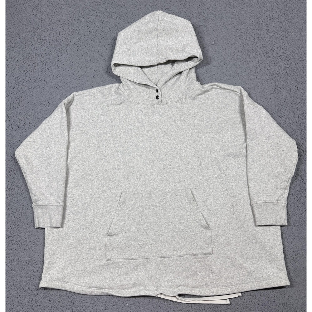 Eileen Fisher Hoodie Womens Large Gray Terry Pullover Henley Kangaroo Pocket USA